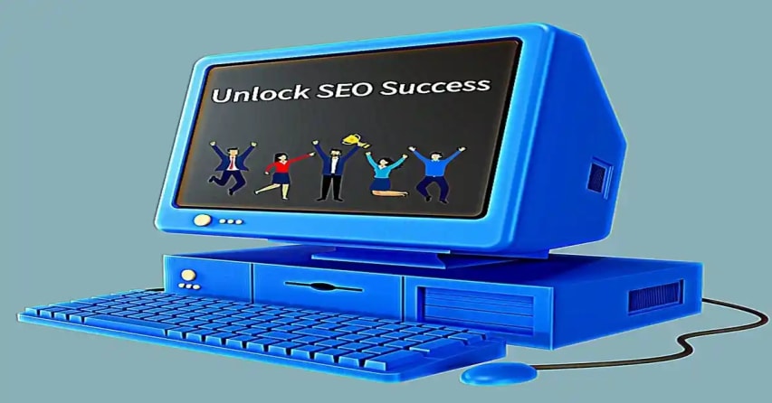 Team celebrating SEO success with trophy on screen