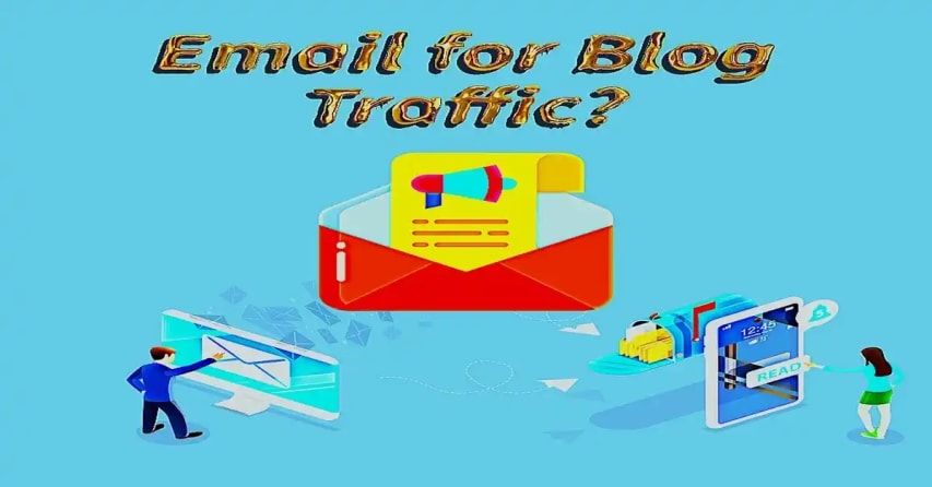 Illustration of people using email on devices, with a large red envelope and megaphone graphic