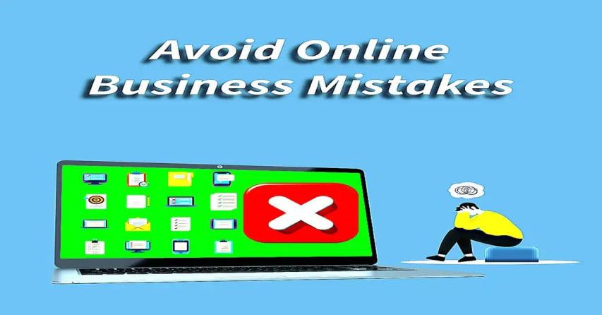 Illustration: Stressed person by laptop with a red 'X' and "Avoid Online Business Mistakes" text.