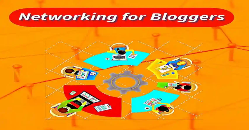 Illustration of bloggers networking around a central gear, with the title "Networking for Bloggers."