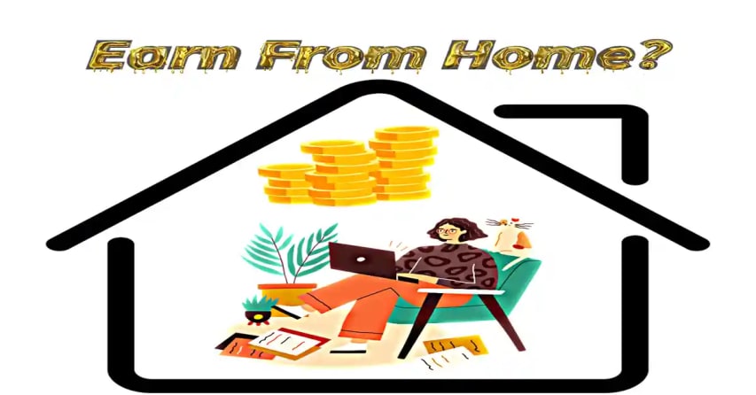 Illustration of a person working on a laptop at home with stacks of gold coins above them