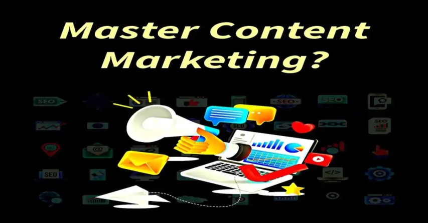 Question: "Master Content Marketing?". Graphic of a megaphone and a laptop with charts