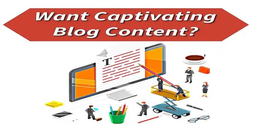 Illustration: People working on a giant screen displaying a blog post, with the text "Want Captivating Blog Content?"