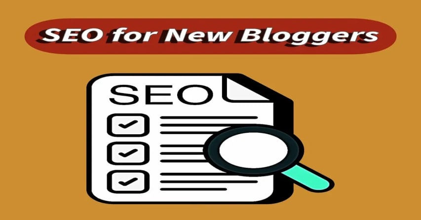 Illustration of a checklist document titled "SEO" with three checked boxes and a magnifying glass