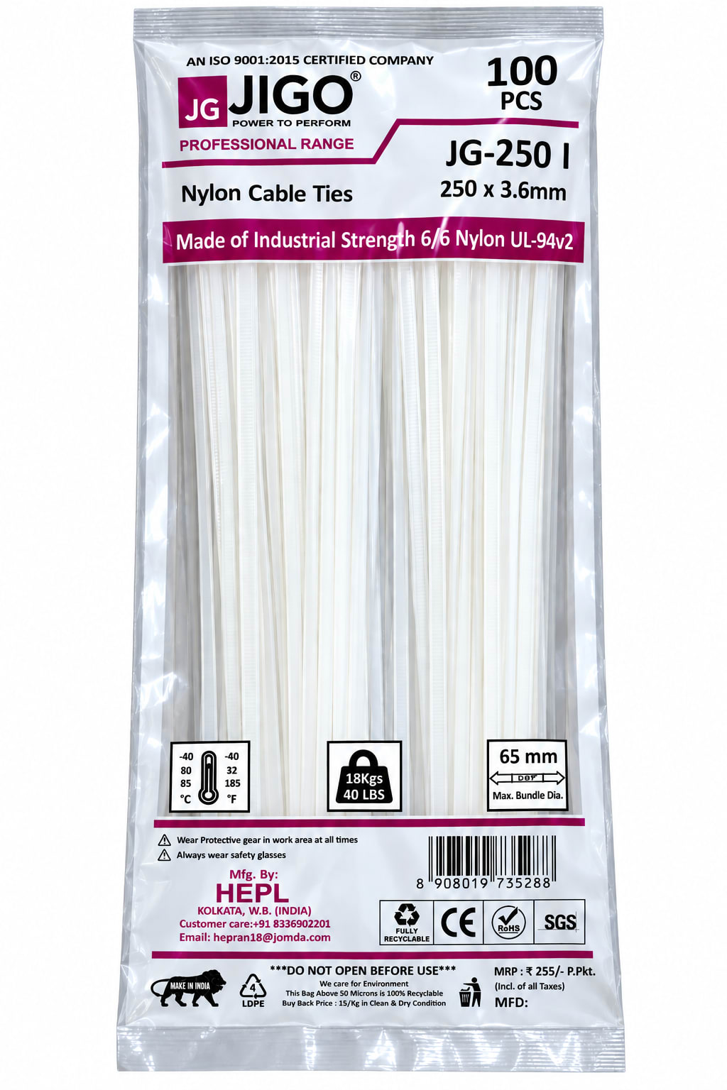 Jigo Cable Ties – White · 250*4.8mm