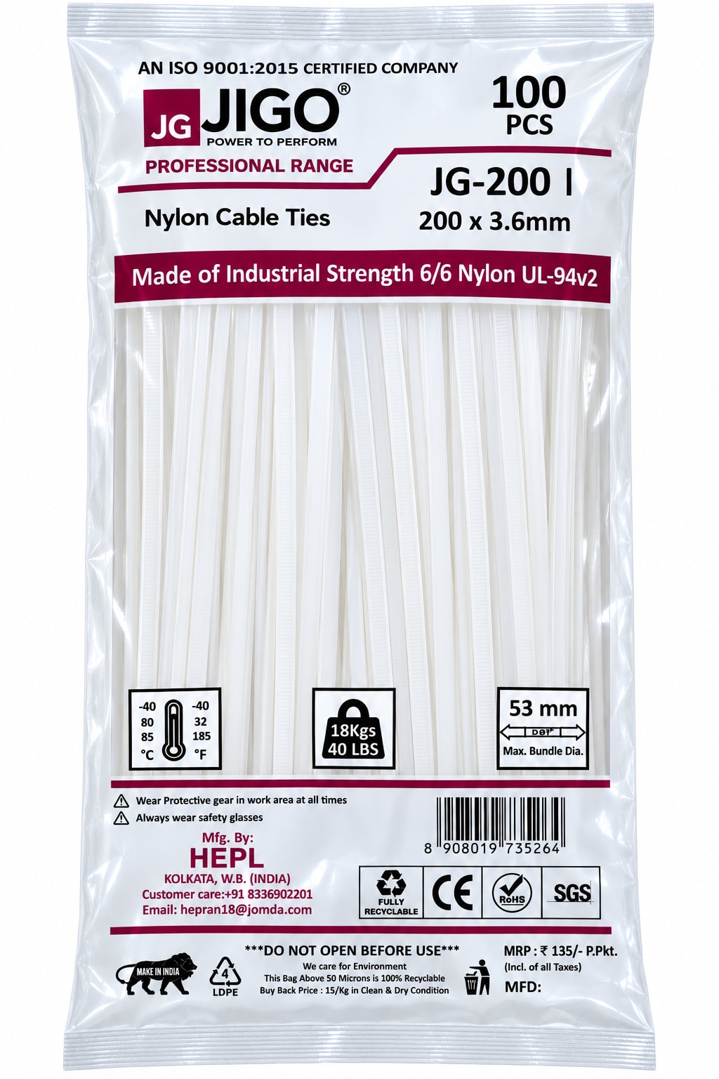 Jigo Cable Ties – White · 200*3.6mm