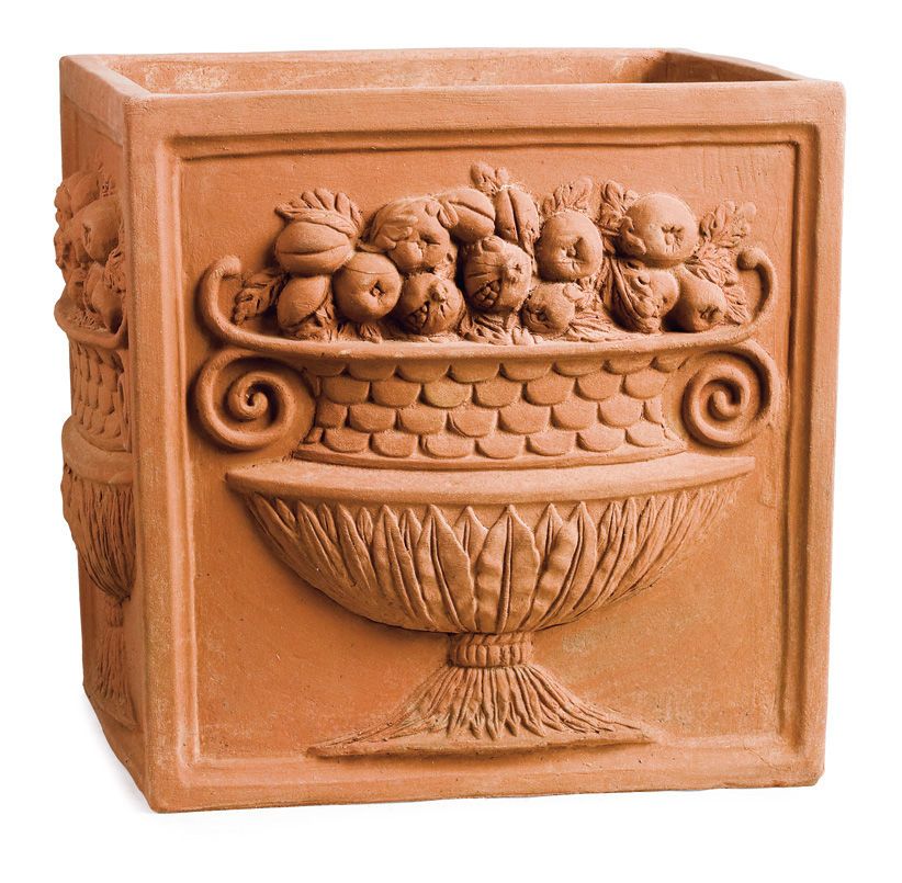 Impruneta terracotta square pot with fruit-decorated faces