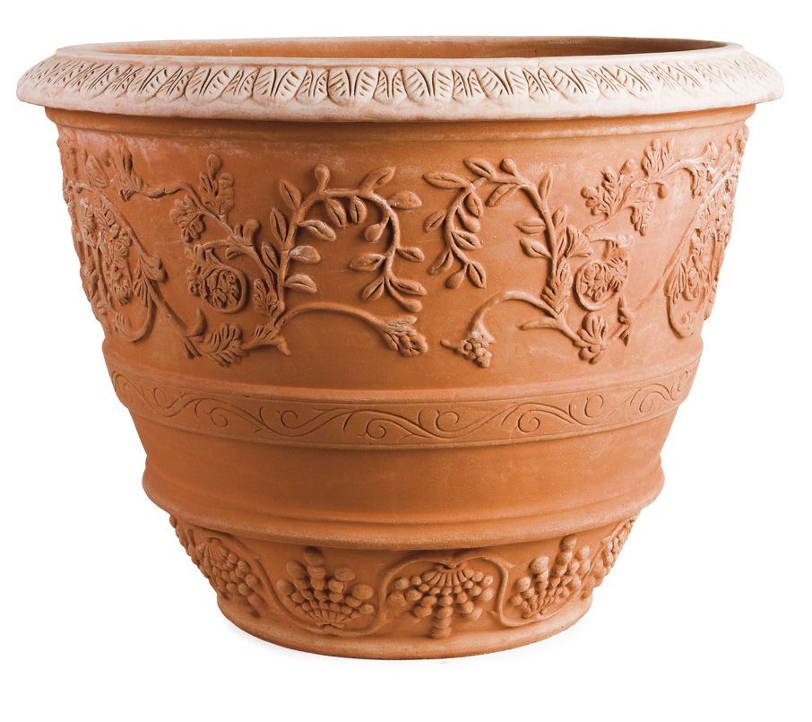 Impruneta terracotta large highly-decorative v-shaped pot with branches and leaves