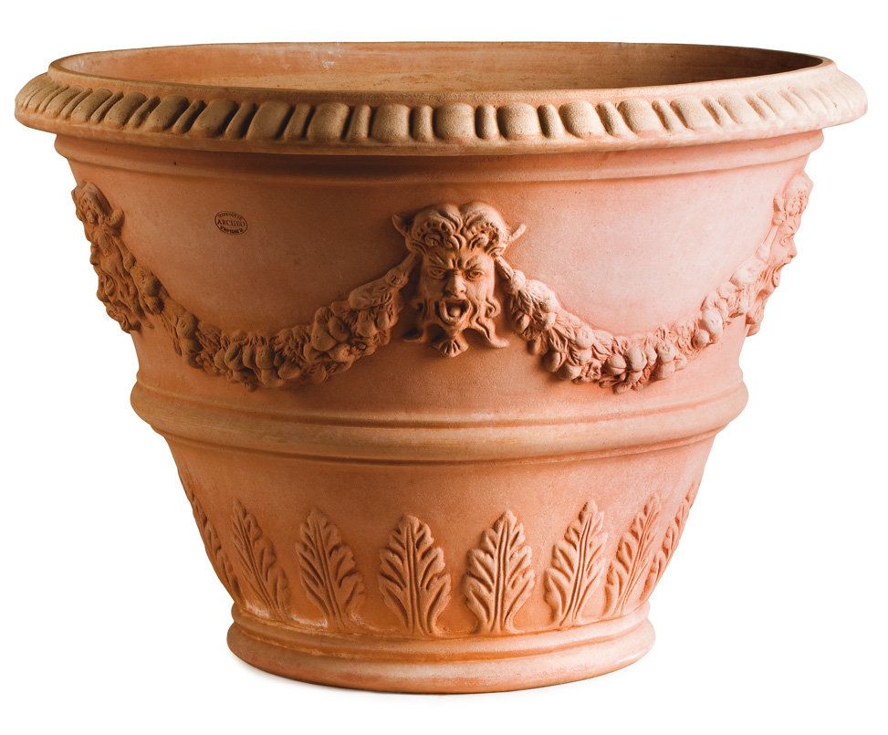 Impruneta terracotta large highly-decorative v-shaped pot with satyr faces