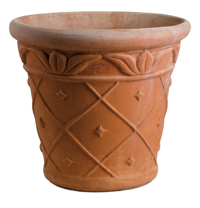 Impruneta terracotta v-shaped pot decorated with pineapple patterning