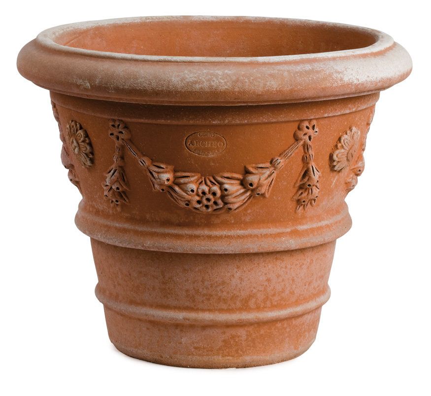 Impruneta terracotta traditional swag-decorated v-shaped pot with rim