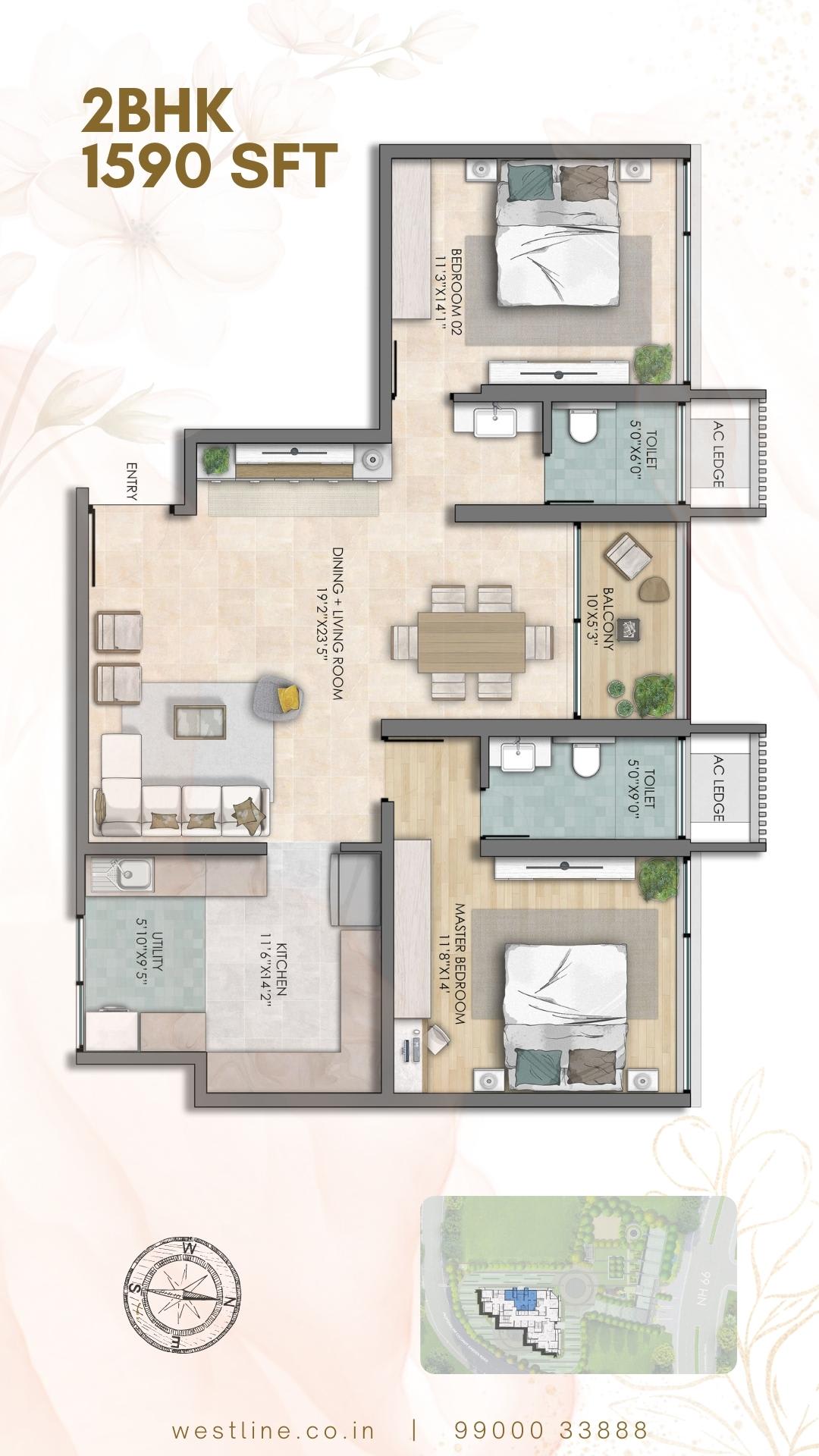 2 BHK Type 1 Floor Plan