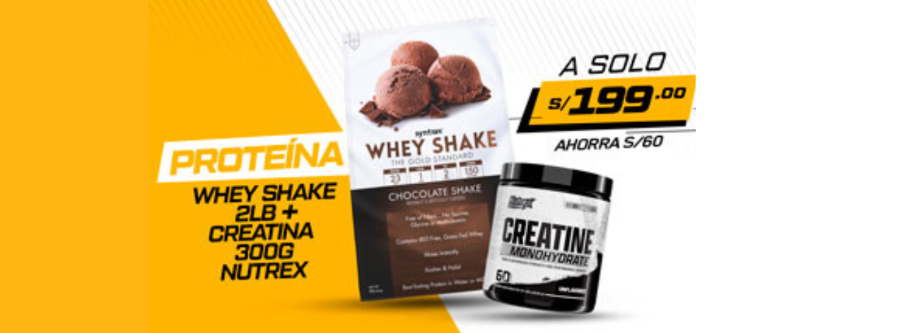 Proteina Whey Shake de 2 lb + 01 creatina nutrex de 300 gr a S/199.00