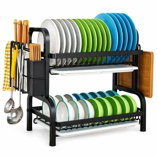 2 Tier Dish Rack for Kitchen Counter, Dish Drying Rack with Draining Tray, Plate Rack & Dish Drainer, Utensil Holder and Cutting Board Holder