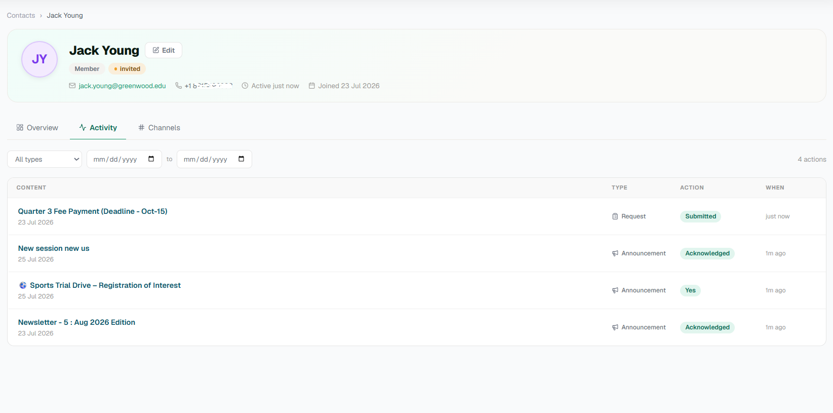 KoalaCast contact detail page with activity timeline
