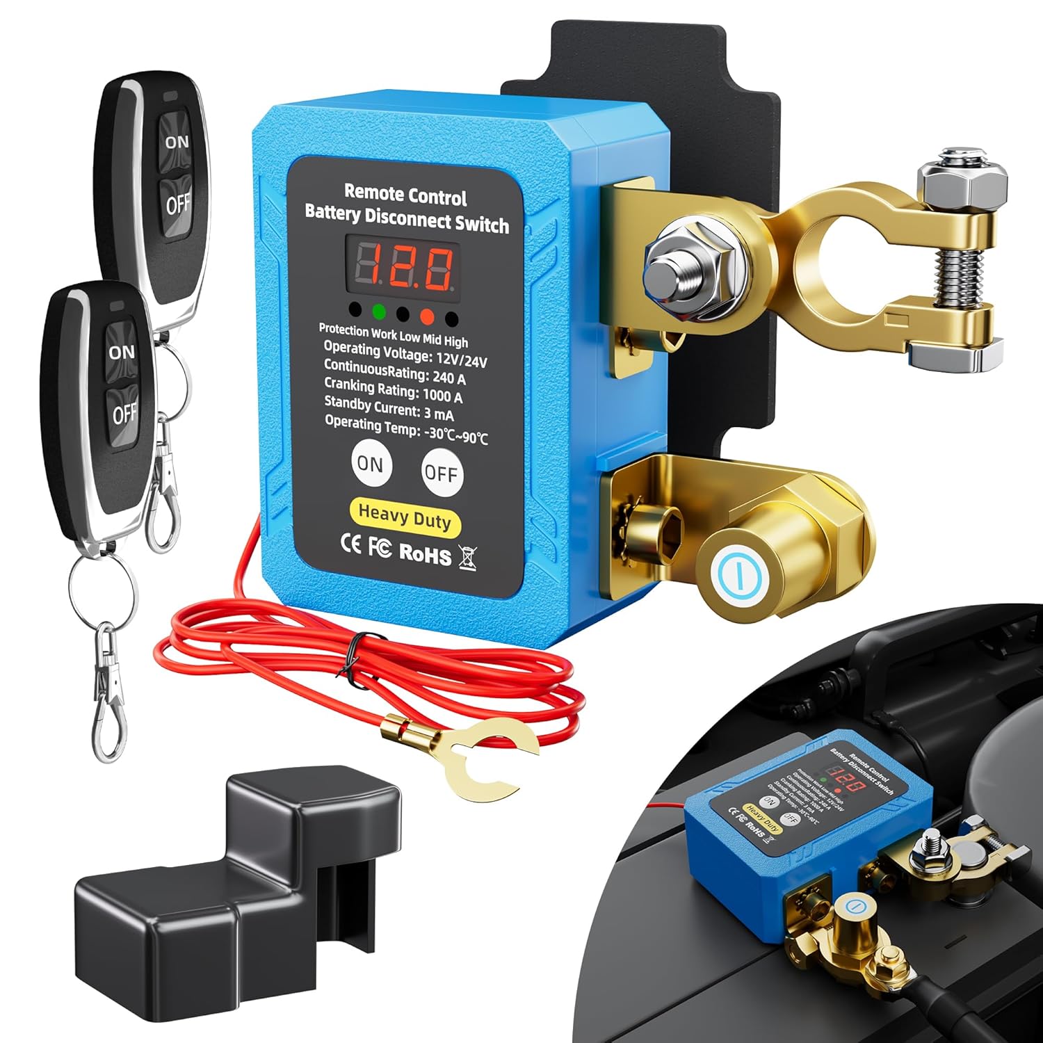 240A Kill Switch 12V Remote Battery Disconnect Switch with Led Voltage Display Automatic Power Shut Off