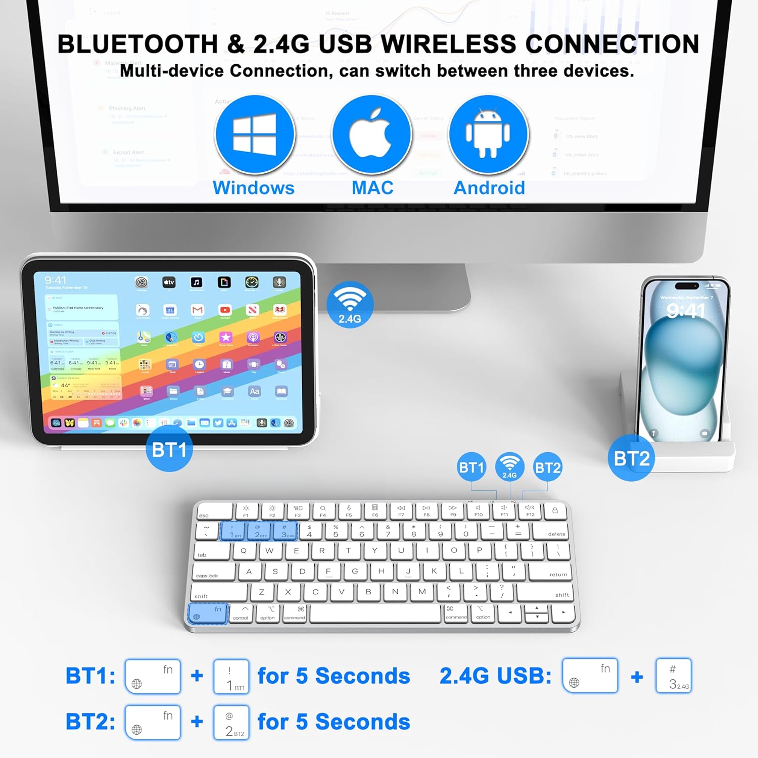 Wireless Keyboard for Mac, Bluetooth/2.4G USB Dual-Channel Connection