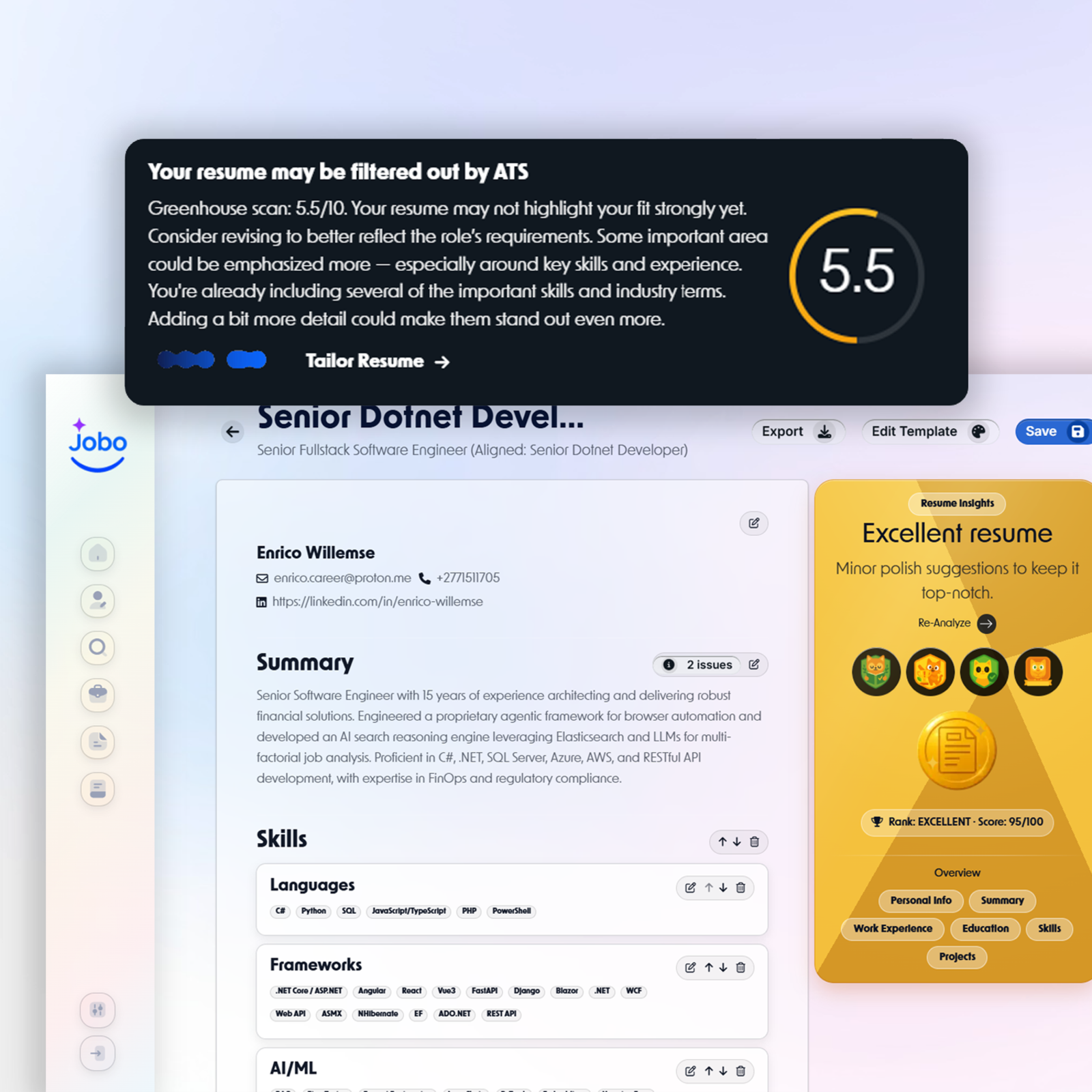 AI-powered resume analysis with score and badges