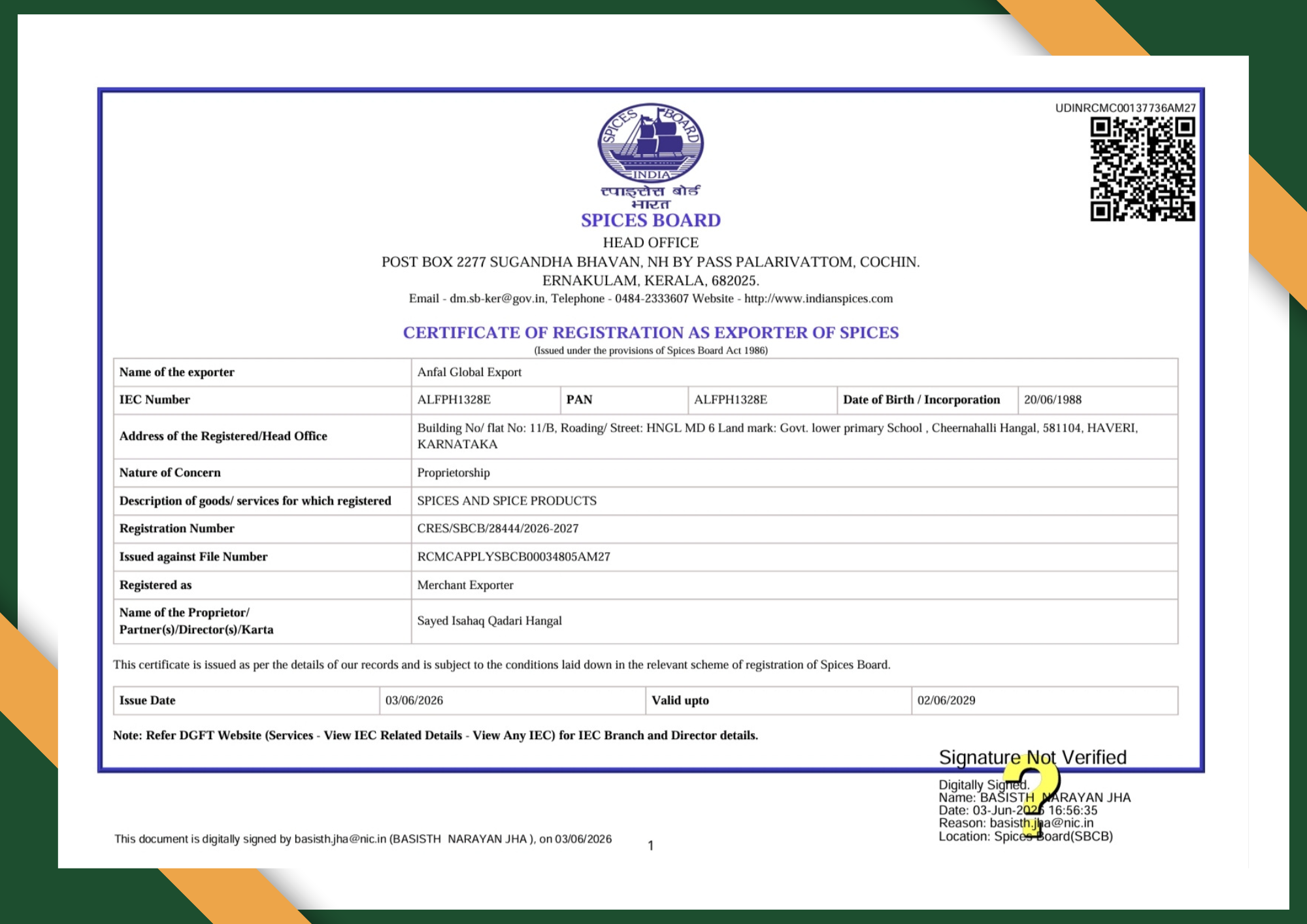Spices Board Certificate