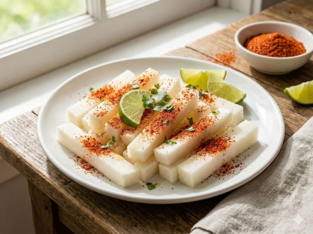 Jícama con Limón y Chile servido en plato