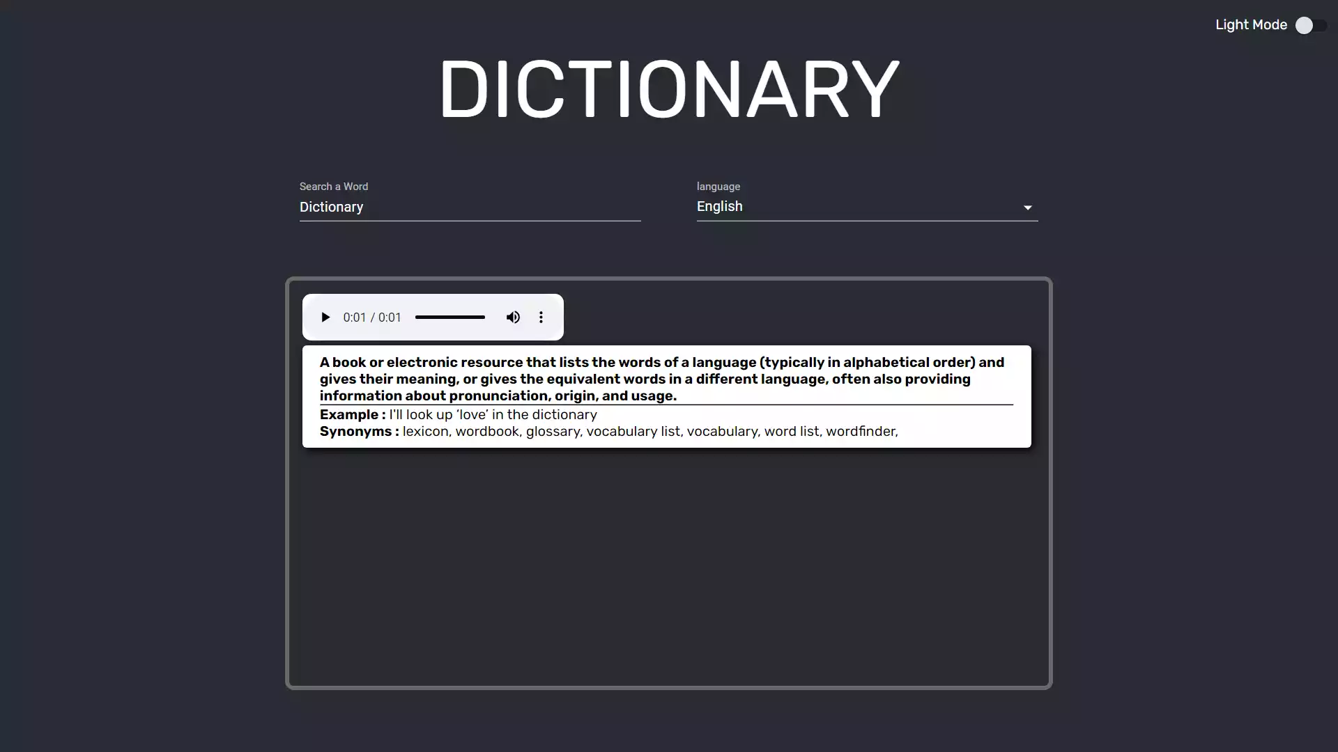 Create a Word Dictionary with React JS. Mridul.tech