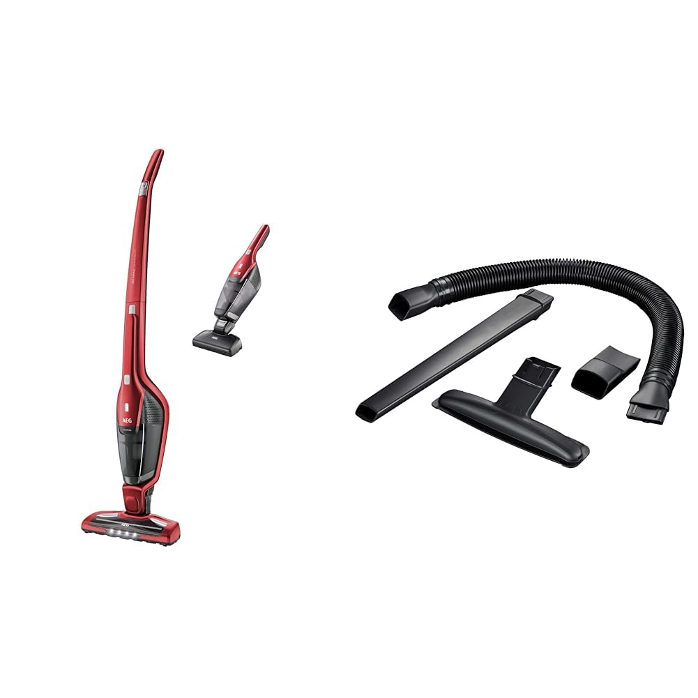 Aspiradora sin cable AEG roja con accesorios para mascotas y limpieza