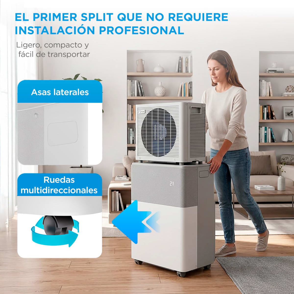 Aire acondicionado portátil Midea con ruedas y asas para fácil transporte