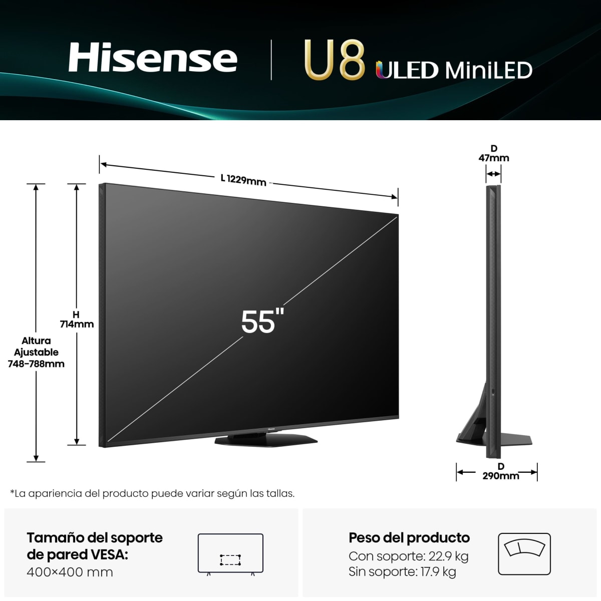 Televisor Hisense U8 55 pulgadas con medidas técnicas y diseño delgado