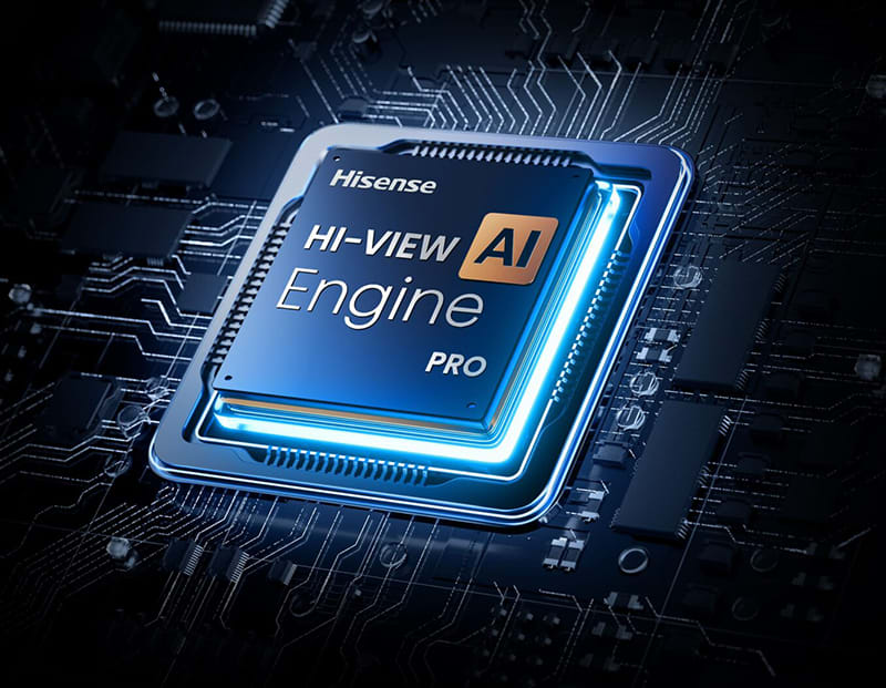 Chip Hisense AI Engine PRO en placa de circuito con luz azul