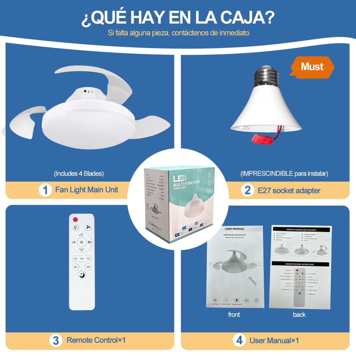 Contenido del paquete de la lámpara ventilador E27: unidad principal, adaptador, mando y manual.