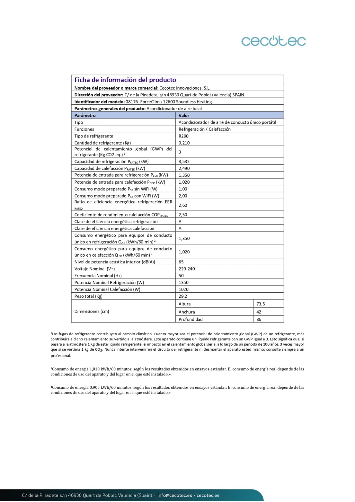 Ficha técnica detallada del aire acondicionado portátil Cecotec ForceClima 12600.