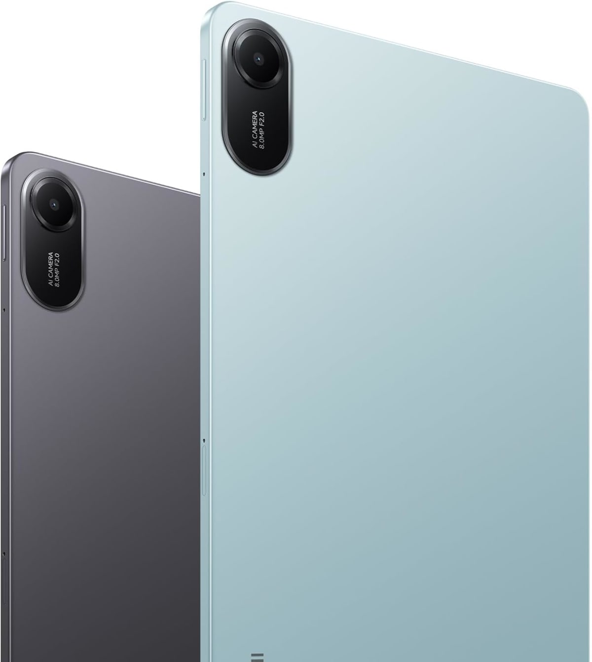 Vista trasera de la tablet Xiaomi Redmi Pad 2 en gris grafito y azul menta con cámara AI de 8MP.