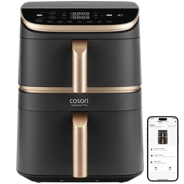 Freidora de aire Cosori Dual Blaze 6.4L con pantalla digital y control remoto vía WiFi.