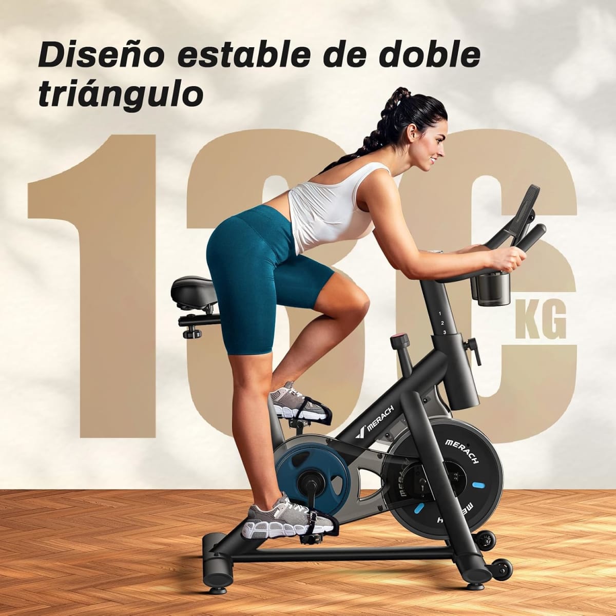 Mujer usando bicicleta estática MERACH en casa