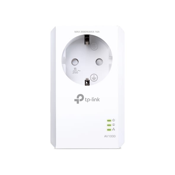 Adaptador powerline TP-Link TL-PA7017P, blanco, con puerto GE y indicador LED.