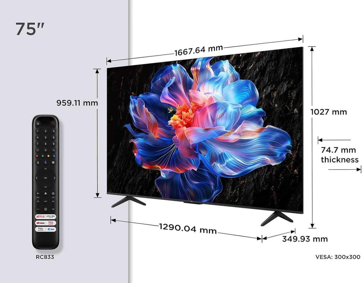 Televisor TCL 75 pulgadas con flor digital en pantalla y mando.