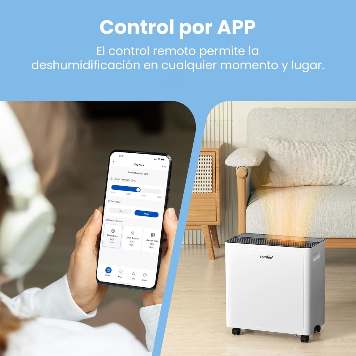 Control remoto de deshumidificador Comfee a través de una app móvil.
