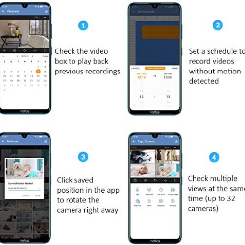 App Tapo mostrando funciones de grabación, programación y vista múltiple