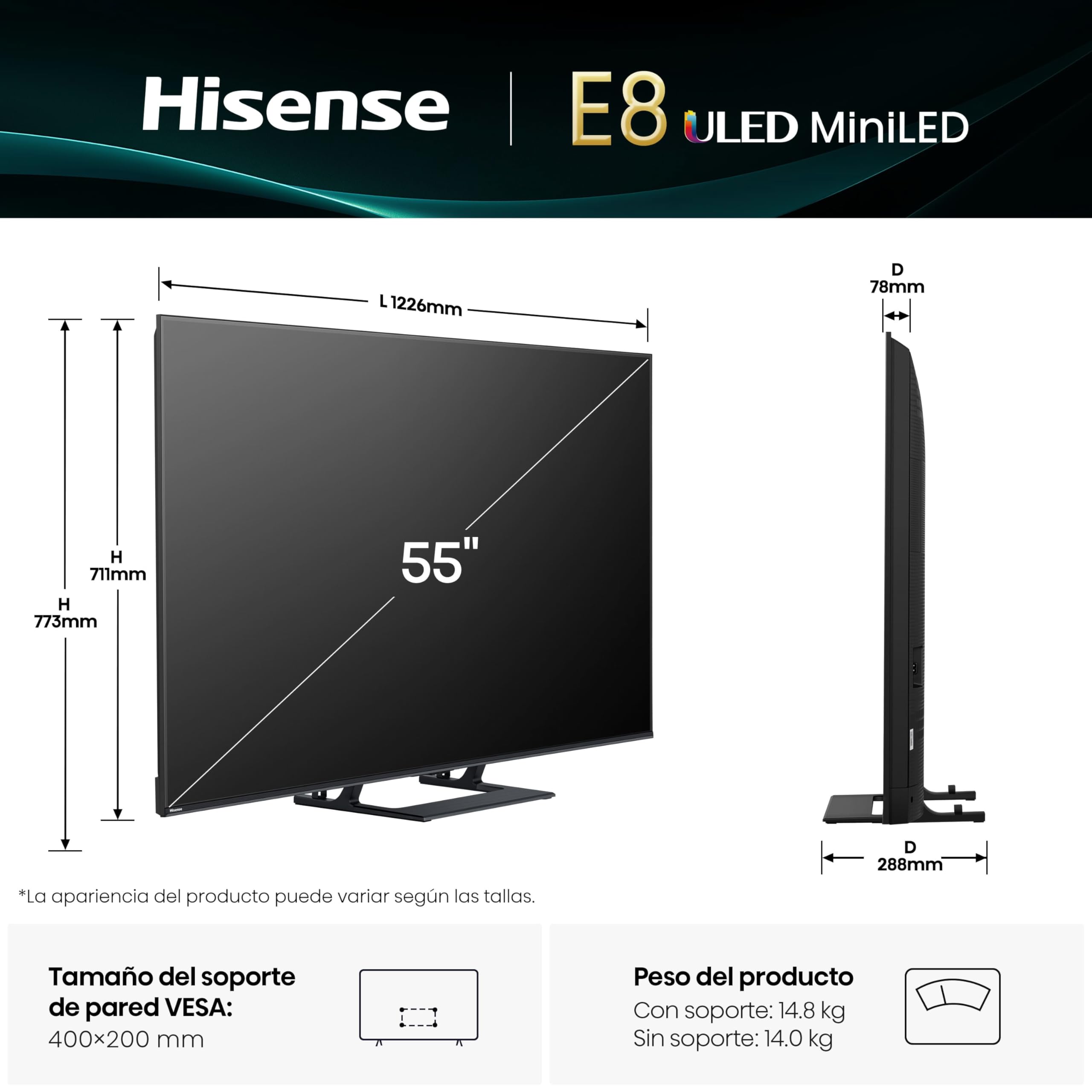 Hisense 55E8Q Mini LED TV con dimensiones y peso detallados