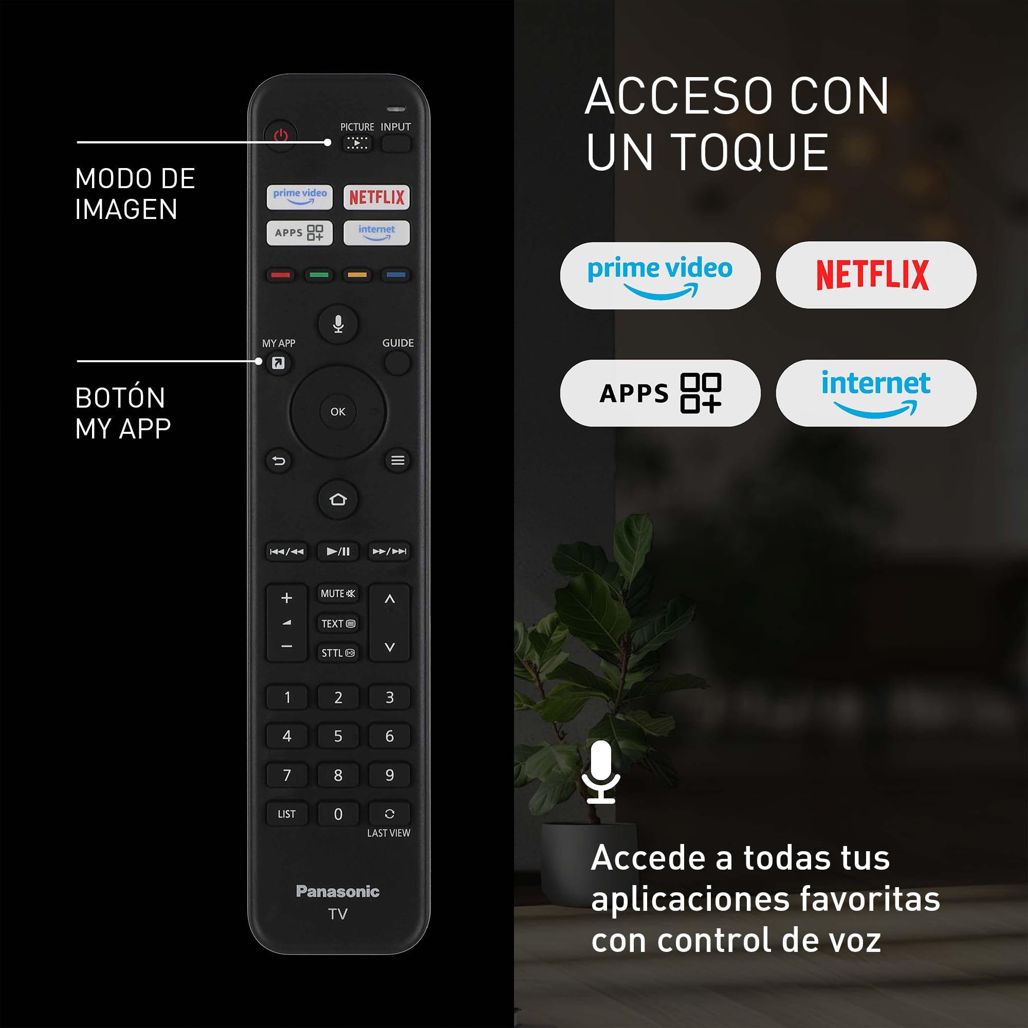 Mando Panasonic TV con acceso rápido a Netflix, Prime Video y control de voz
