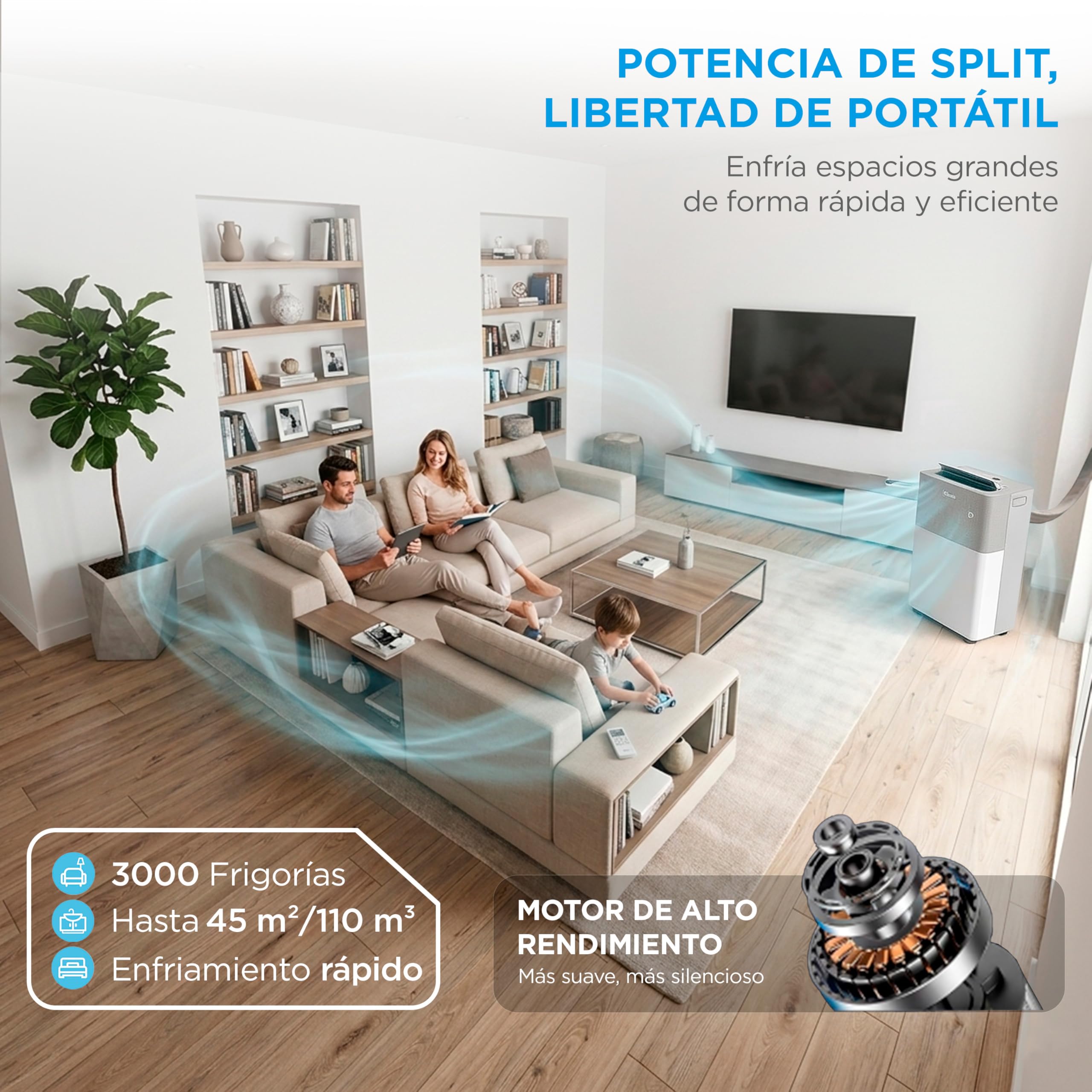 Aire acondicionado portátil Midea enfriando sala familiar con tecnología silenciosa