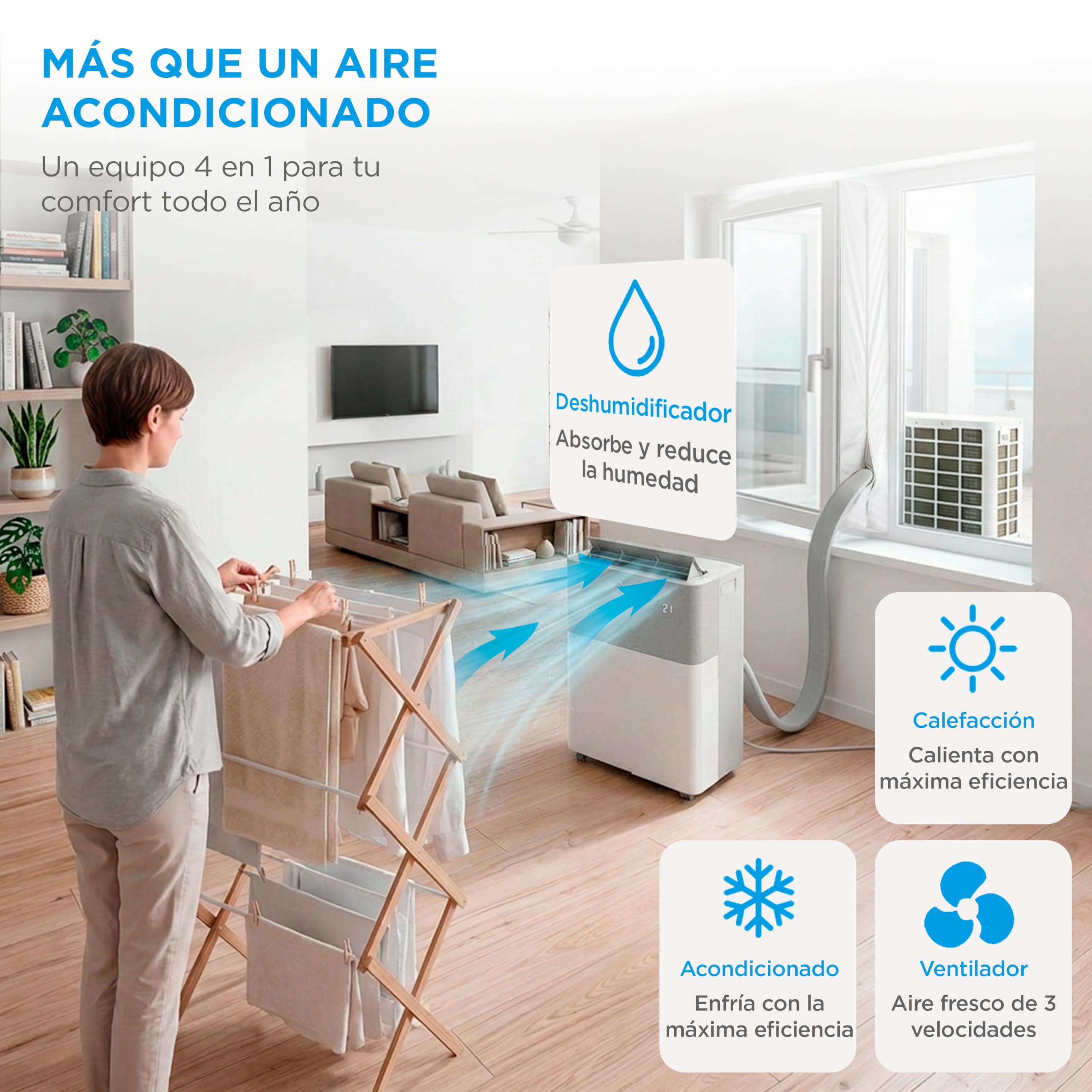 Aire acondicionado portátil Midea 4 en 1 en sala de estar