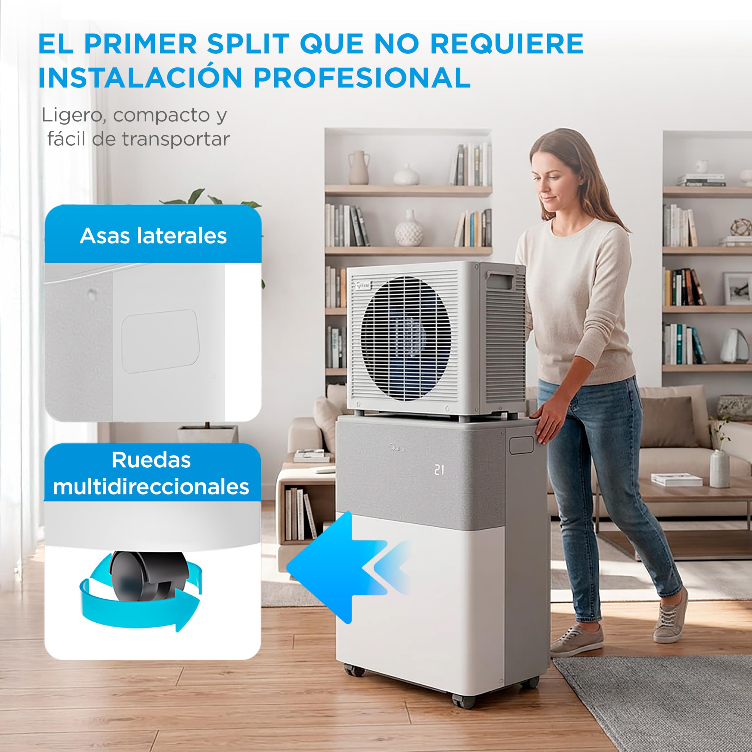 Aire acondicionado portátil Midea con ruedas y asas para fácil transporte