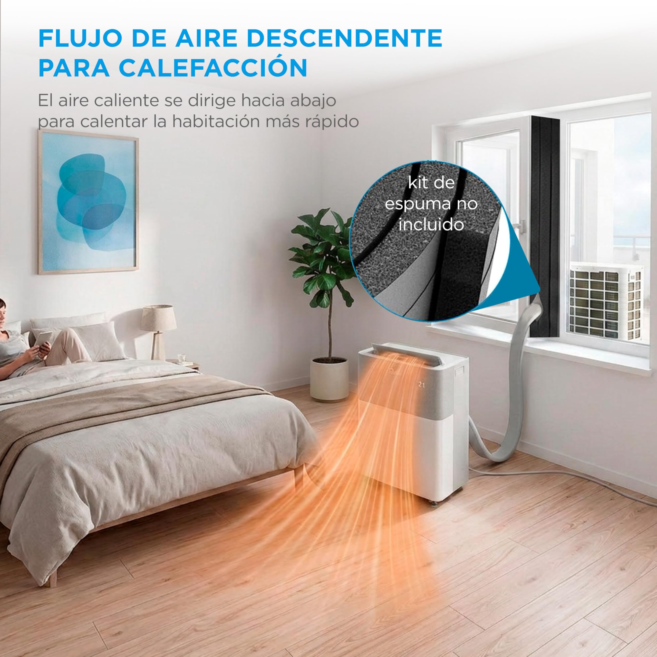 Aire acondicionado portátil Midea calentando habitación con flujo descendente