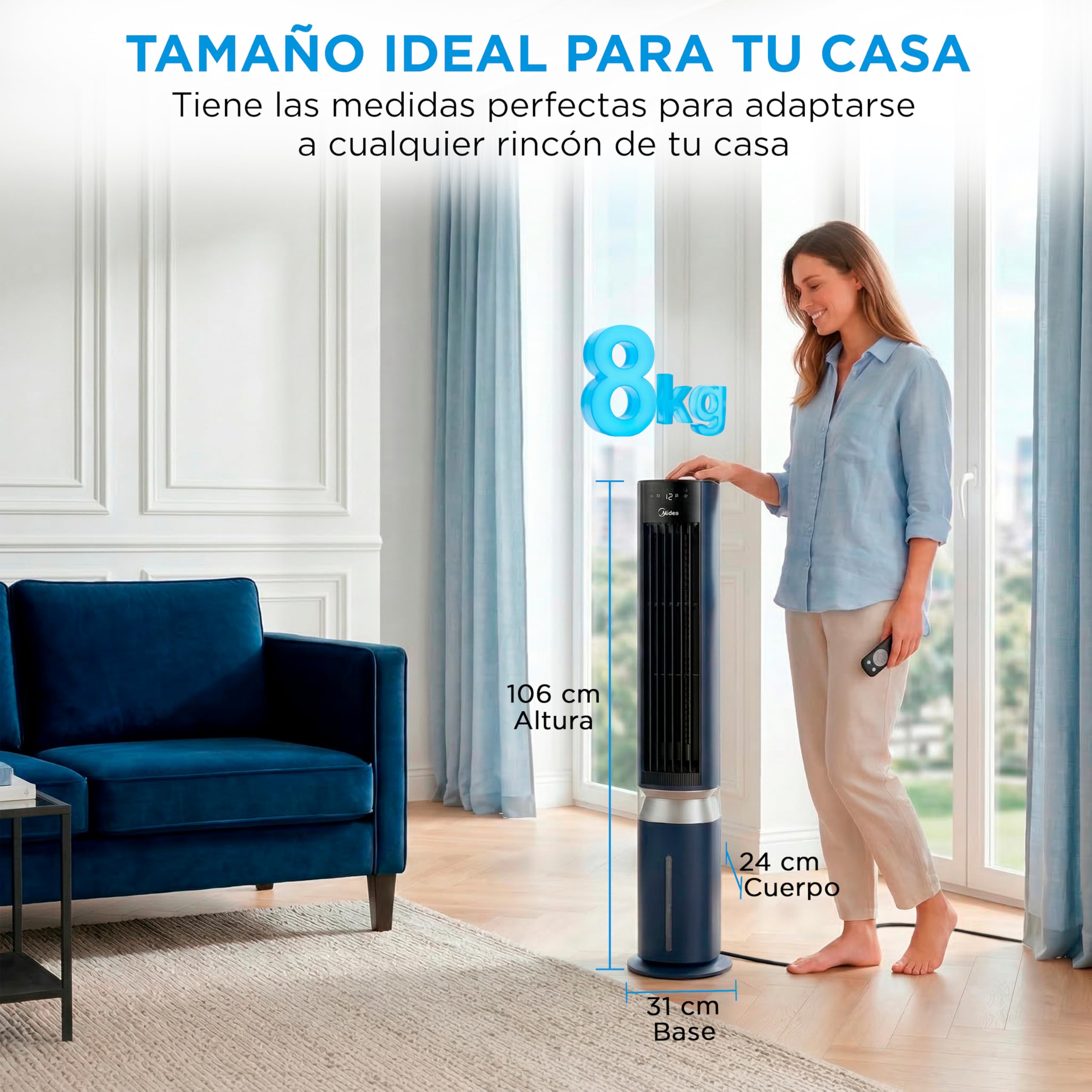Climatizador evaporativo MIDEA portátil con mando y dimensiones ideales para casa