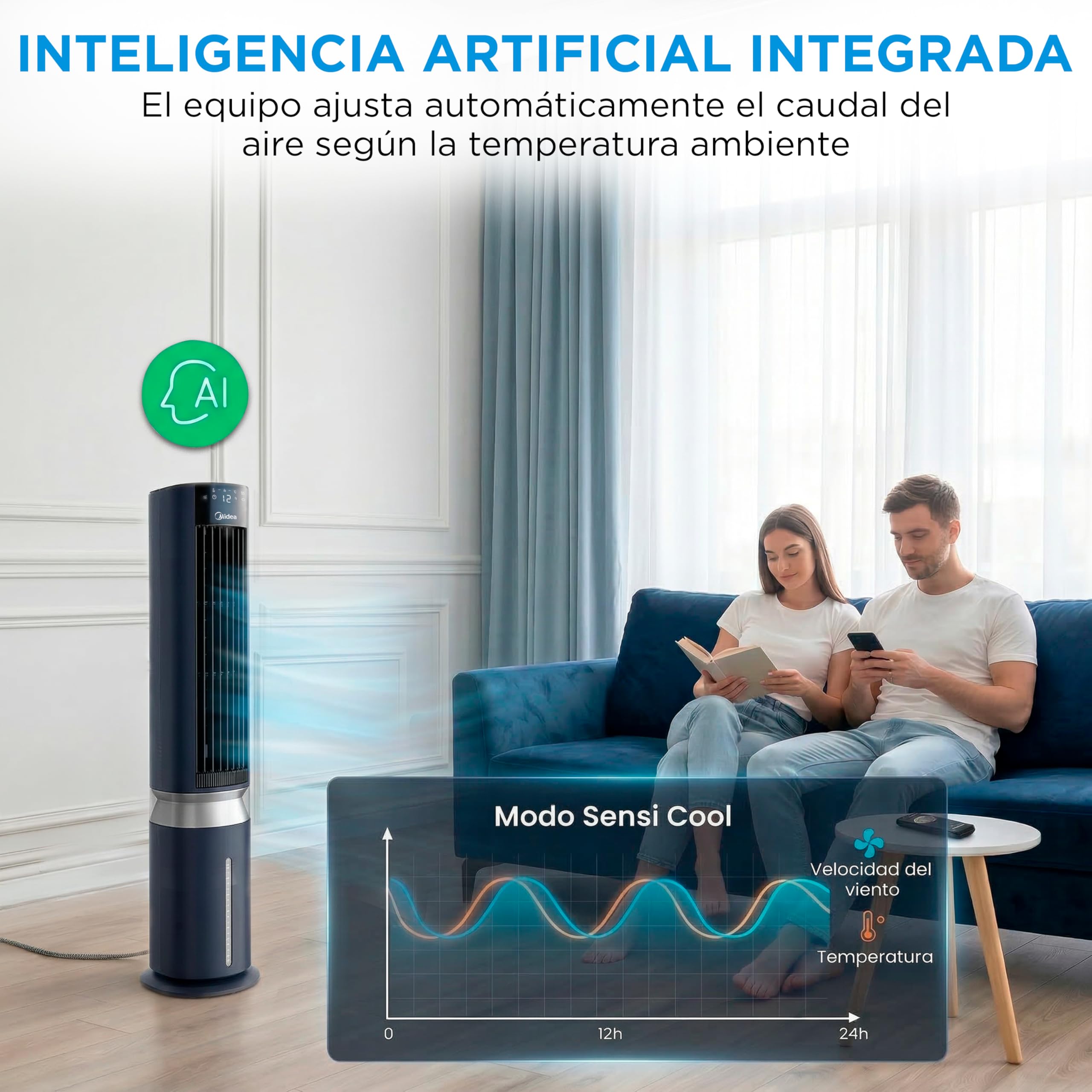 Climatizador evaporativo MIDEA con IA y modo Sensi Cool en sala de estar