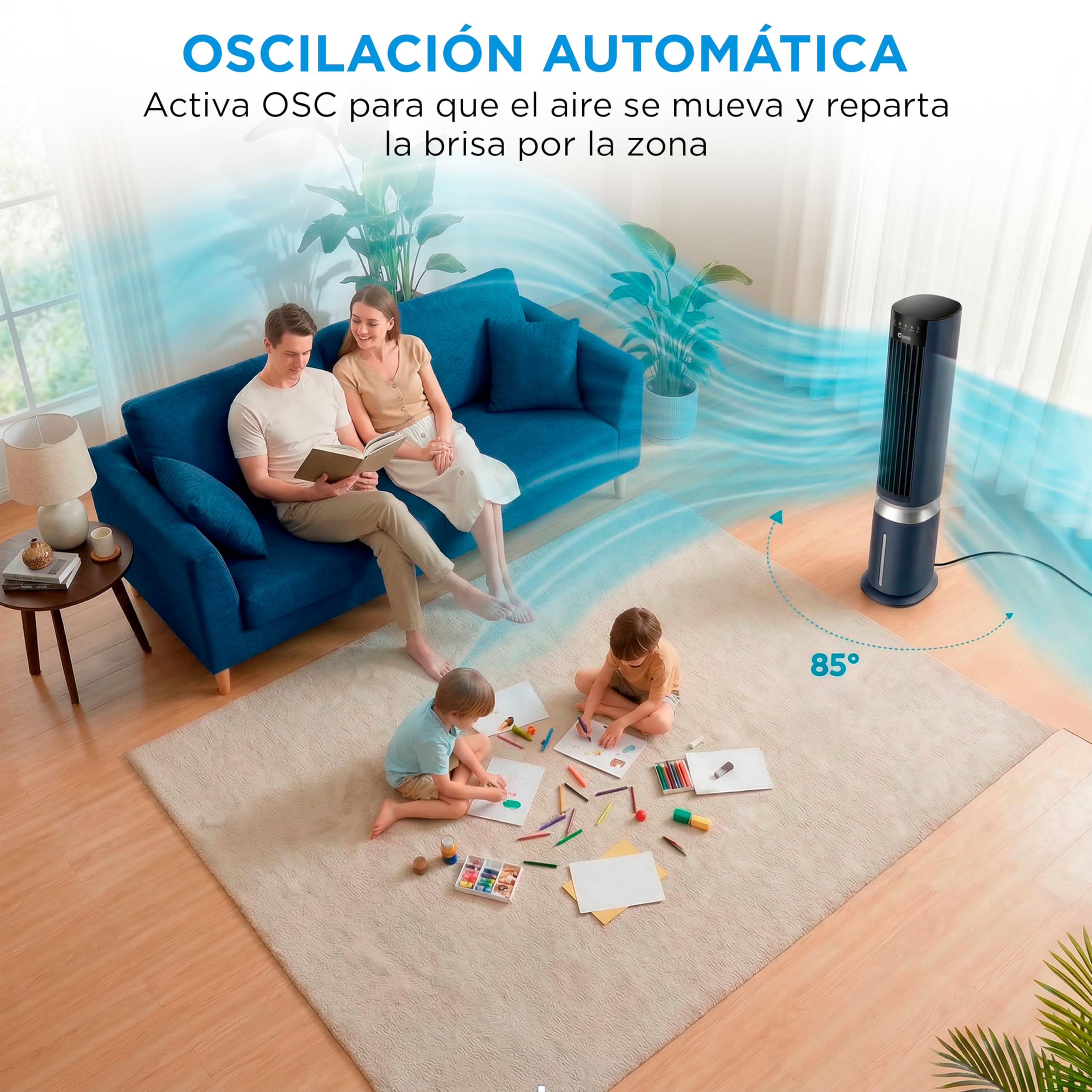Climatizador evaporativo MIDEA con oscilación automática en sala familiar