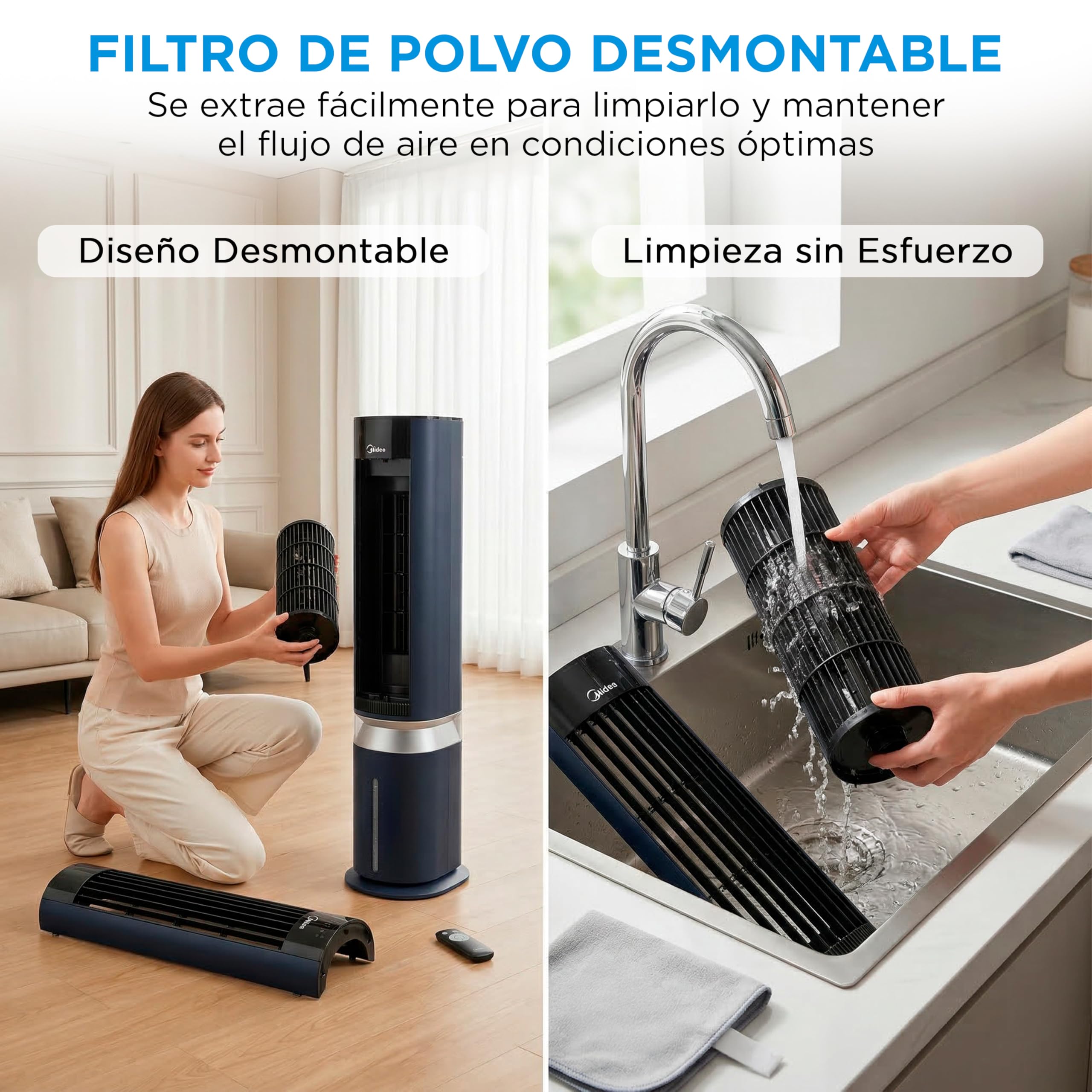 Climatizador MIDEA con filtro desmontable y fácil limpieza