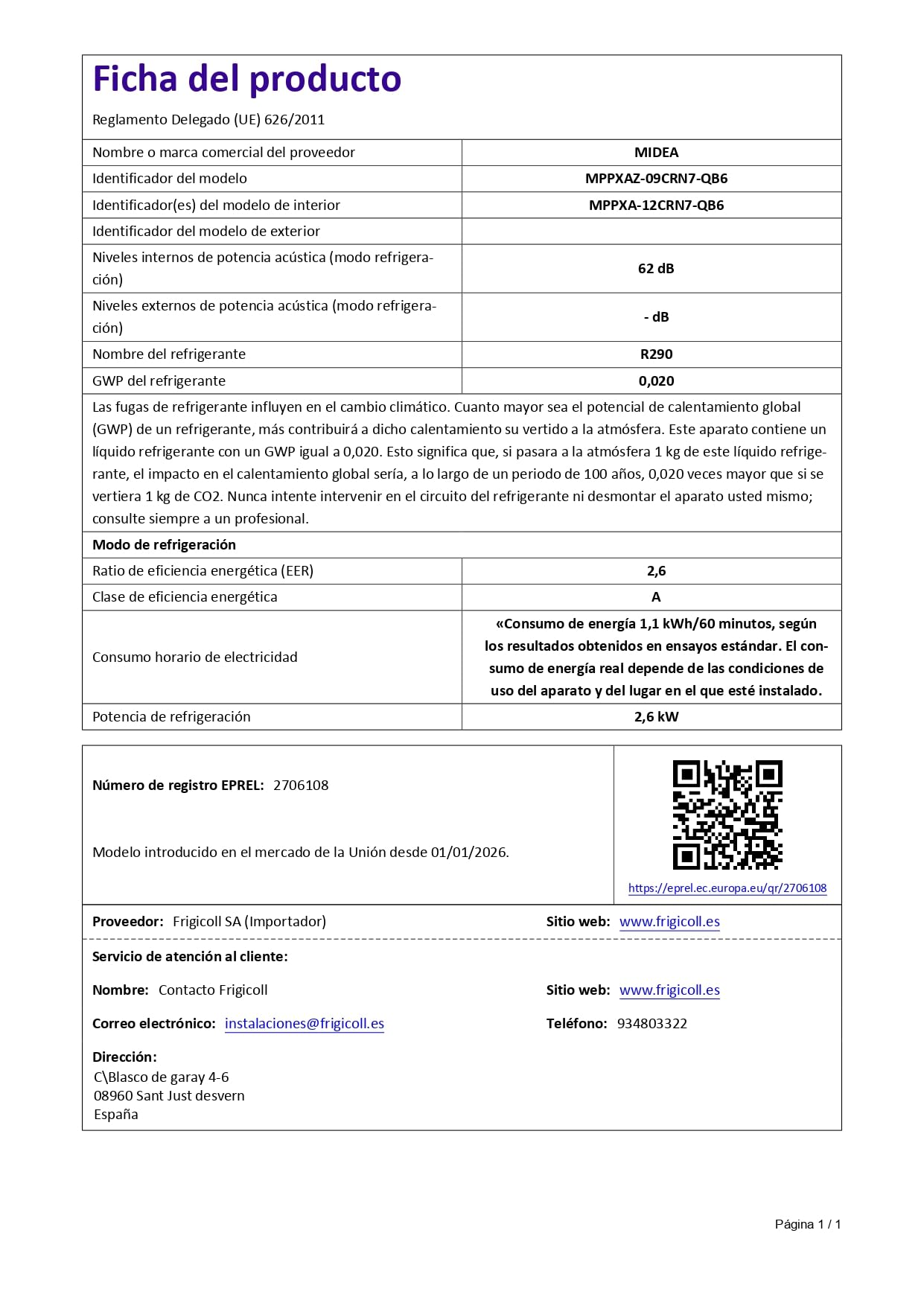 Ficha técnica oficial aire acondicionado MIDEA 9000 BTU