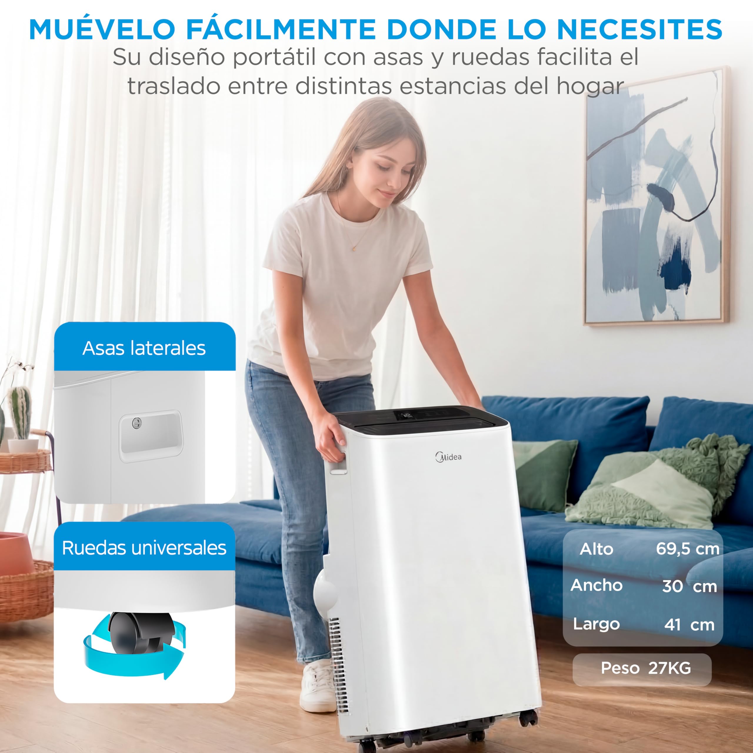 Aire acondicionado portátil Midea con ruedas y asas para mover fácilmente